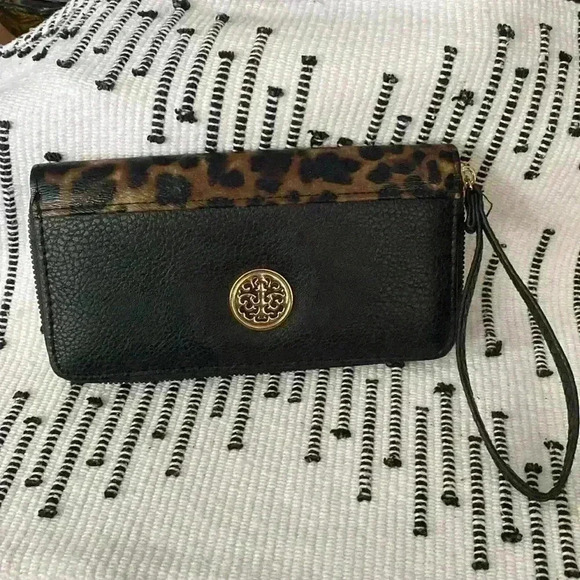 Handbags - Women’s Black Animal Print Wallet Embellished with a gold design on front